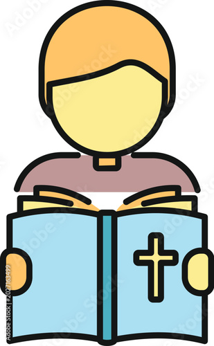 Fényképezés Boy reading a book with a cross symbol, representing faith and spiritual learnin
