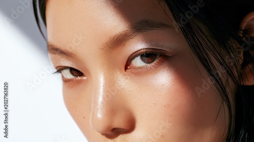 Macro beauty portrait of a young Asian woman with dewy glass skin and barely-there natural makeup. Extreme close-up on the cheek and eye area showing smooth luminous texture.