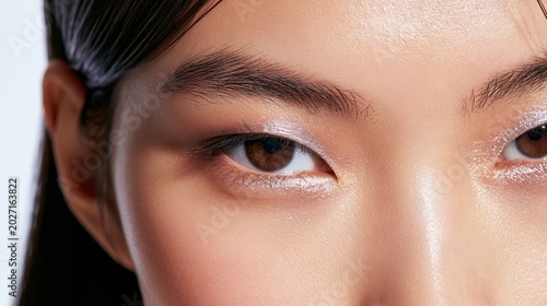 Extreme close-up of a young Asian woman with flawless dewy glass skin and subtle shimmer eyeshadow. Light natural makeup with glowing fresh complexion