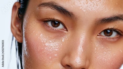  close-up portrait of a young East Asian woman with no makeup and completely bare face. Visible natural skin texture and pores with dewy glass skin effect