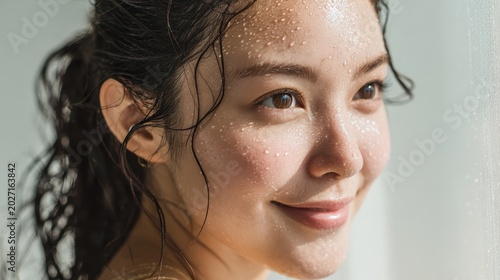 Close-up portrait of a young Korean woman with natural bare face and damp dewy skin, smiling softly with eyes closed. A few water droplets on her cheeks and hairline