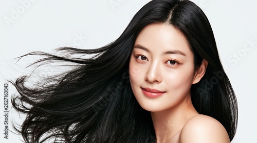 beauty portrait of a young Korean woman with no makeup and porcelain skin. Long sleek black hair blowing across her face, partially covering one eye and lips