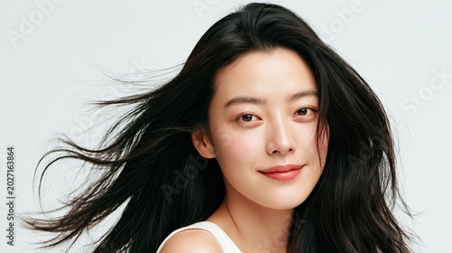 Studio shot of a young Korean woman with porcelain white skin and no makeup, full face visible. Long black silky hair flying upward and suspended in the air