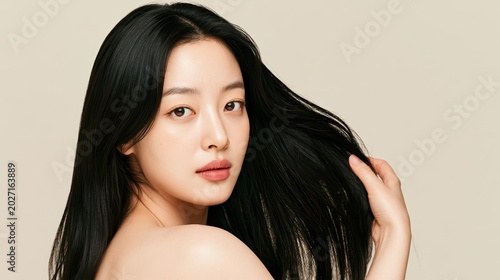 Close-up portrait of a young Korean woman with natural bare face and long silky dark hair, gently running her fingers through her healthy shiny strands. Soft beige background