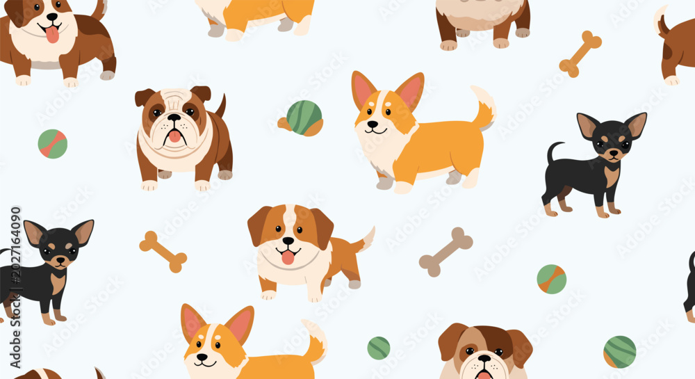 Fototapeta premium Adorable seamless pattern featuring various popular dog breeds like corgis bulldogs and chihuahuas with colorful play balls and bones.