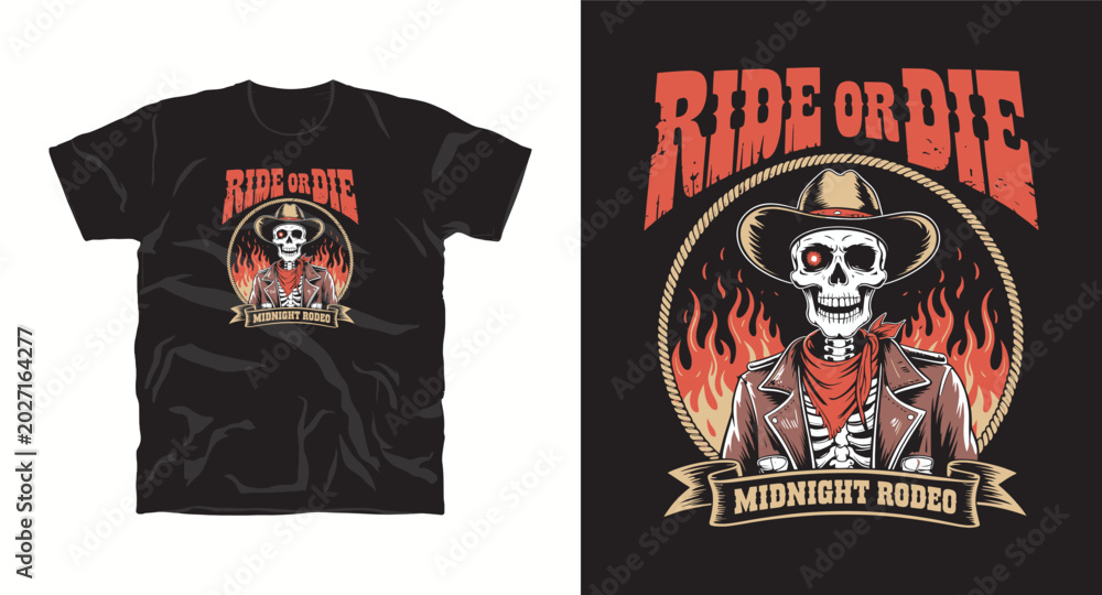 Fototapeta premium Ride or die midnight rodeo skull graphic with fire and rope circle emblem.