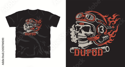 Skull wearing helmet and goggles with flames and smoke text dufod full gas.