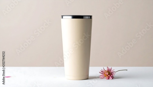 Tall, light-colored, cylindrical beverage container with a dark lid, and a flower