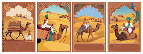 Indian Desert Caravan Illustration with Camels and Rajasthan Culture