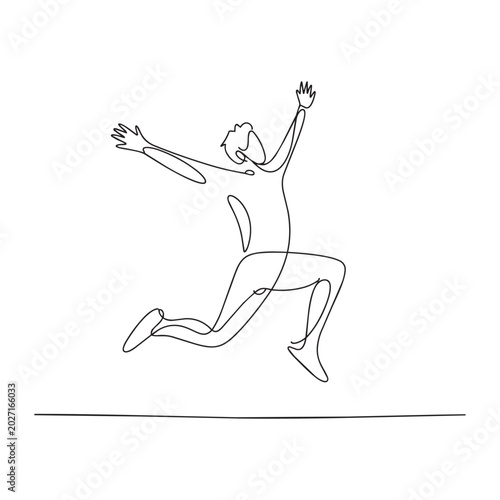 Continuous line drawing of joyful man leaping forward celebrating achievement and vitality.