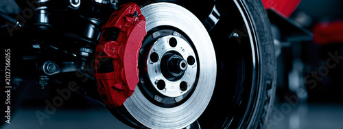 Close-up of Modern Vehicle Brake Disc and Caliper Assembly System