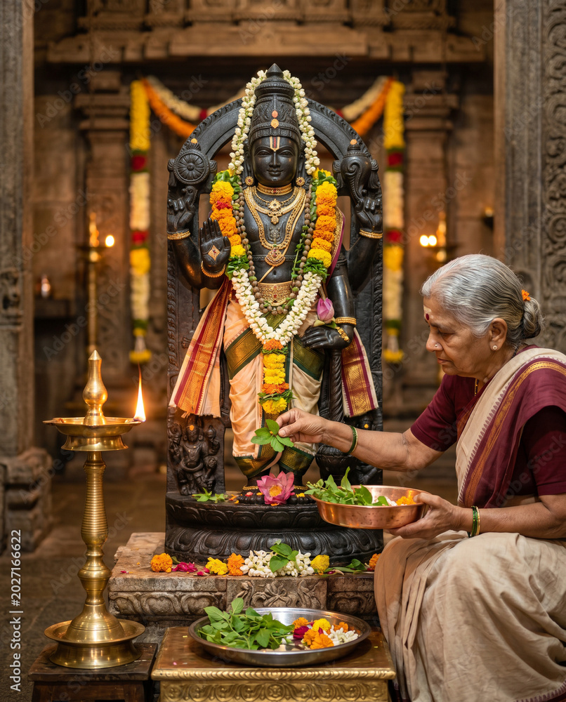 Fototapeta premium Family Worshiping, OLD Hindu temple in India