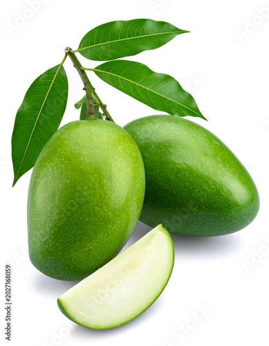 Two vibrant green fruits, with a detached slice, and a stem holding three leaves, all set against a clean, white background