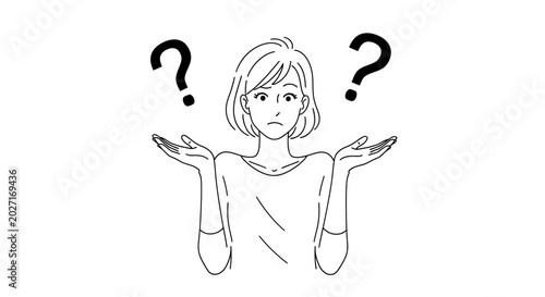 Puzzled Woman with Question Marks: A simple line drawing depicts a young woman shrugging with a confused expression, surrounded by two large question marks, illustrating uncertainty and doubt.