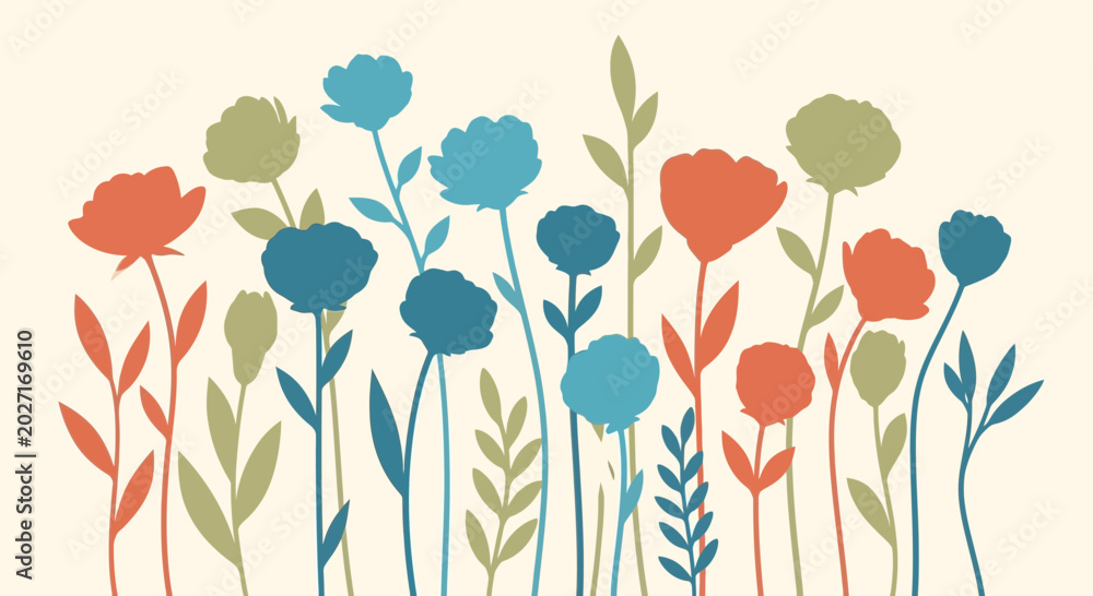 Naklejka premium Colorful Silhouette Flowers and Leaves Pattern.