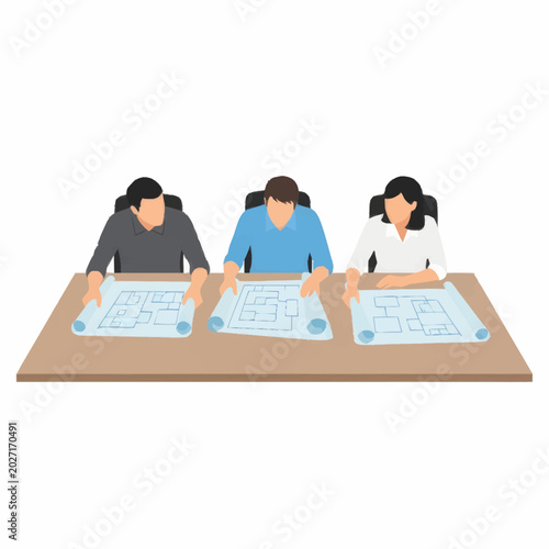 Fotografía Three people collaborating on blueprints at a table.