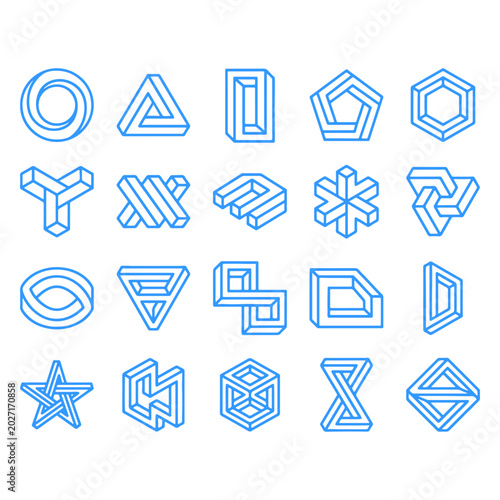 Impossible Geometry Vector Icon Set with Optical Illusion Shapes and Abstract Line Symbols geometry, impossible, illusion, optical, abstract, vector, icon, set, geometric, shape, line, outline, modern