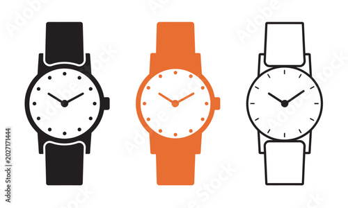 Minimalist Wrist Watch Icon Set, modern analog wristwatch silhouette outline vector collection isolated white background time clock design set interface