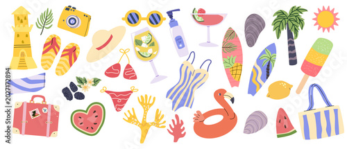 Cartoon Seaside beach elements set. Summer vacation icons in retro style. Camera, suitcase, swim wears, ice cream and other items.