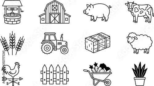 Bild auf Leinwand Agriculture and Farm Life Line Icon Set Featuring Barn Tractor Cow Pig Sheep Whe