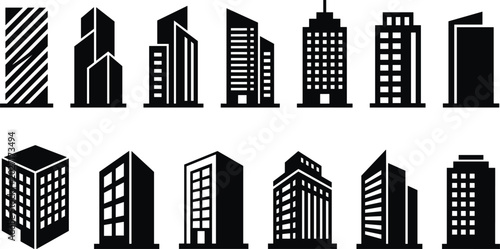 Set of Modern Skyscraper and Office Building Glyph Icons Featuring Urban Architecture Towers and Real Estate Symbols for City Planning Presentation and Web Interface Designs