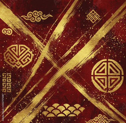 Abstract Golden Brushstrokes and Auspicious Icons - Red Chinese Style Wallpaper