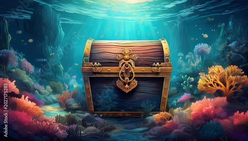an underwater scene with a treasure chest and corals