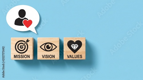 Corporate mission vision and values wooden blocks, business strategy and company culture concept, customer loyalty and brand identity icons