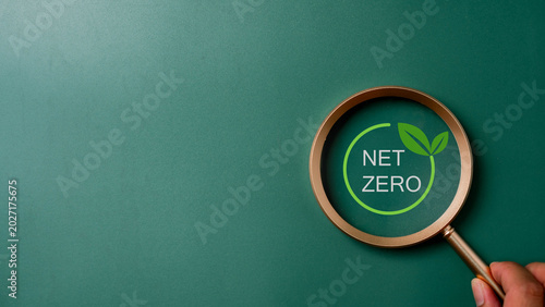 Net zero sustainability concept with magnifying glass highlighting eco friendly climate strategy, carbon reduction, green business goals, renewable energy and environmental responsibility.