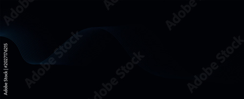 Abstract dark blue wide vector background with glowing blue wavy lines. Eps10