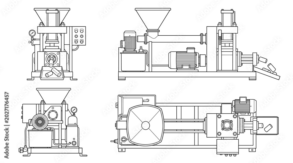 Naklejka premium Briquetting machine technical drawing blueprint with front side back and top views CAD line art vector illustration