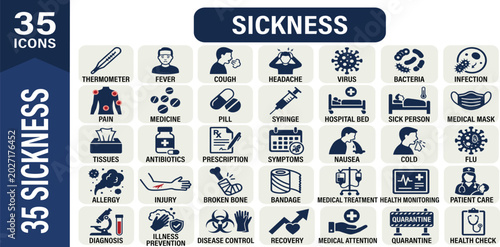 Sickness solid icon set featuring illness disease symptoms and medical care, fever headache pain cold flu virus, and hospital doctor patient treatment editable vector icons