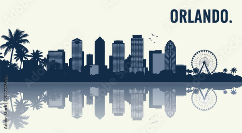 Captivating Orlando city skyline vector illustration with water reflection, perfect for travel promotions and urban architectural design projects