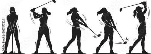 Tableau sur toile Female golfer swing silhouettes collection isolated dynamic sports vector illust