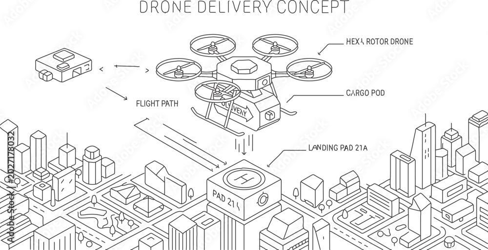 Obraz premium Drone delivering package over city skyline