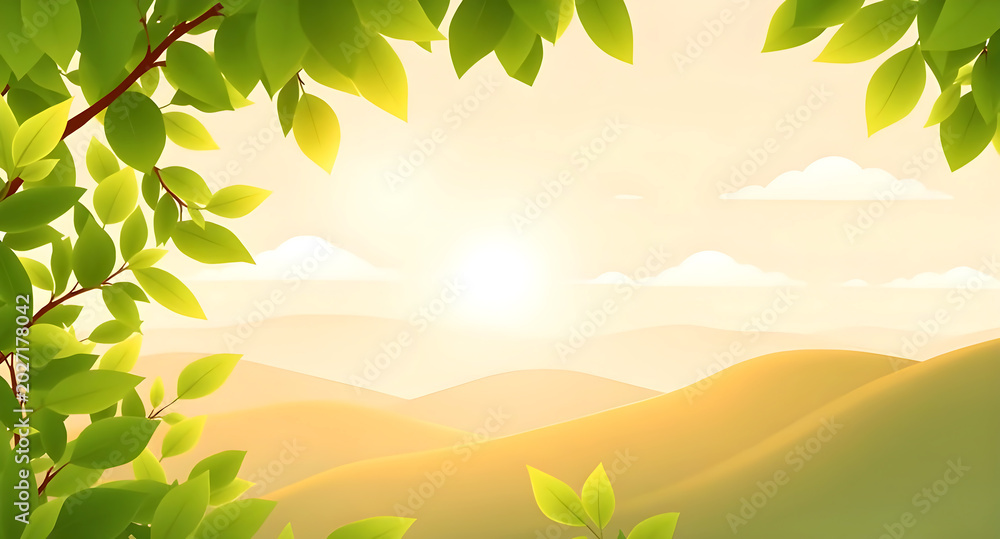 Fototapeta premium Sun rising over beautiful hills with tree leaves frame