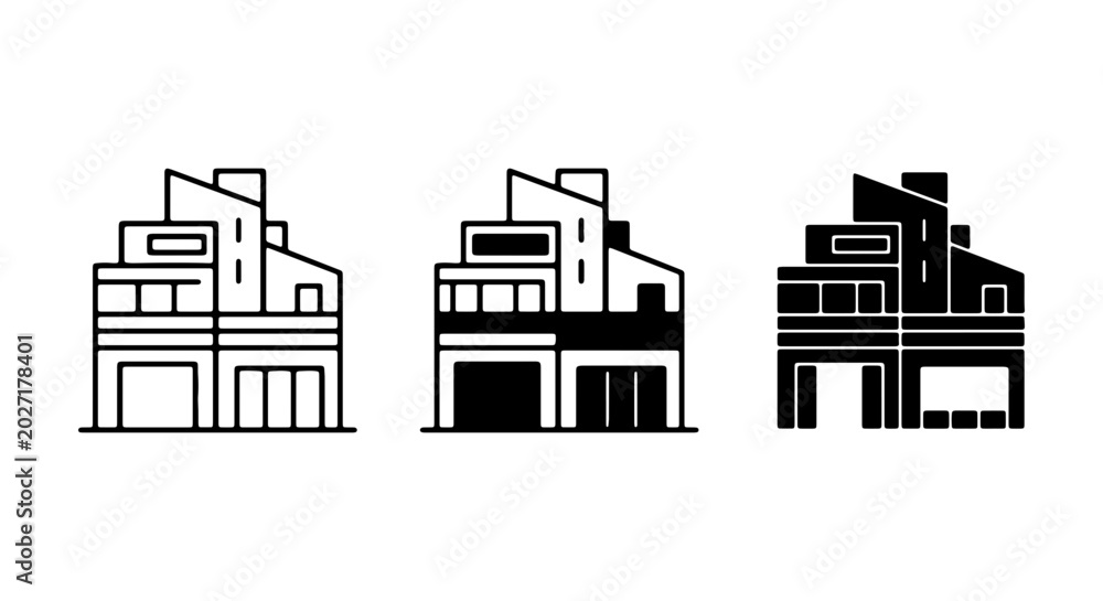Fototapeta premium Modern Architecture Icons: 3 Styles of Contemporary Buildings, Vector Art Collection
