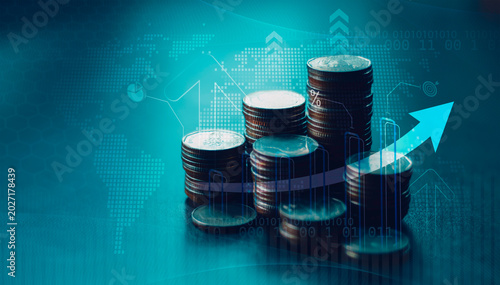 Фотография Stacked coins, digital financial chart strategy, investment growth, wealth management
