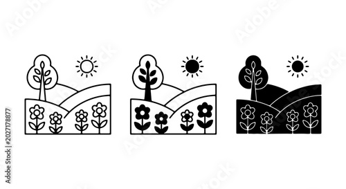 Vector Landscape Icons: Nature, Fields, Flowers, Sun, Trees, Simple Style