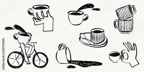 Fotografía Quirky cafe doodles featuring coffee cups, latte and espresso