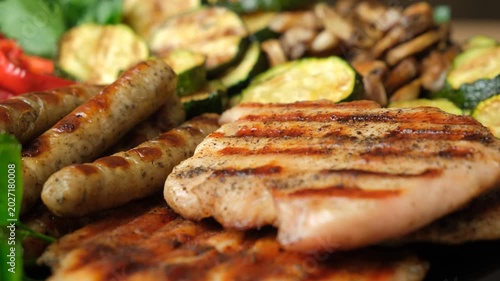 Healthy BBQ platter with vegetable, sausages and meat
