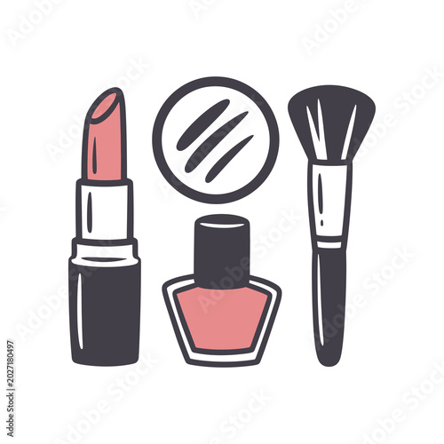 Set of flat design makeup and beauty products with lipstick, nail polish, mirror and brush