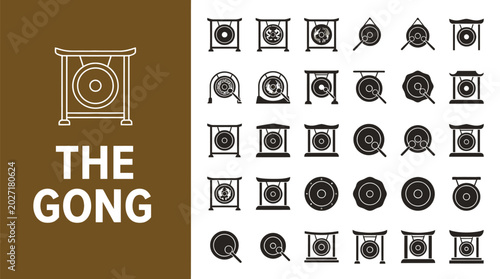 Collection of traditional gong instrument icons displayed in a clean and minimal graphic design style