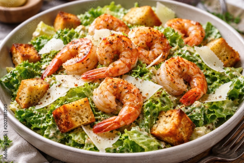Fototapeta premium Tasty shrimp Caesar salad served with garlic croutons and shaved cheese