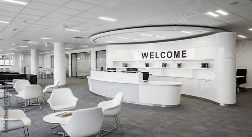 Modern dental clinic reception area with white chairs and welcome sign
