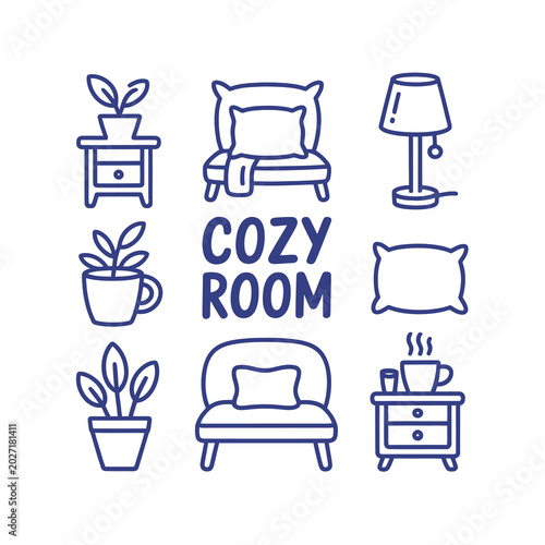 Cozy room illustration with furniture and plants in minimalist line art style