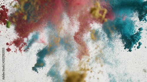 Vibrant powder explosion in slow motion with teal yellow and pink particles bursting outwards creating