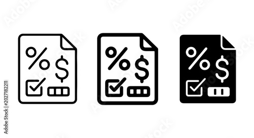 Financial Document Icons: Percentage, Dollar, Checklist, Bar Chart, Vector Set