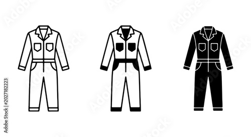 Workwear Coveralls Icons, Mechanic Jumpsuit Vector Graphics, Industrial Uniform Set