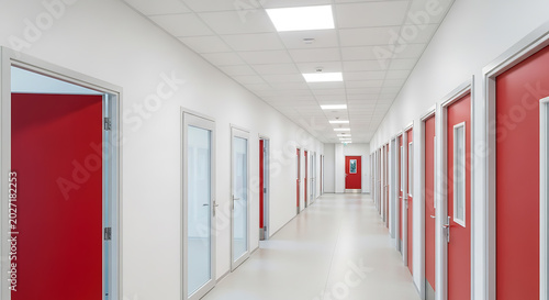 Modern interior hallway with red doors, white walls, and hanging coats